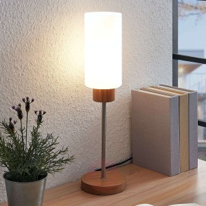 Lindby Nicus drewniana lampa stołowa szklany klosz