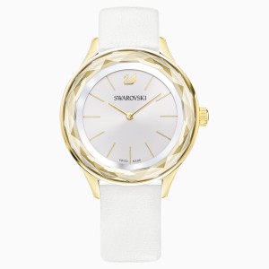 Octea Nova Watch, Leather strap, White, Gold-tone PVD