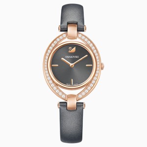 Zegarek Stella, pasek ze skóry, ciemnoszary, powłoka PVD w odcieniu różowego złota