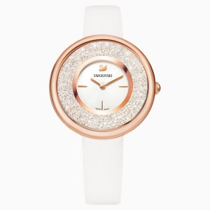 Crystalline Pure Watch, Leather strap, White, Rose-gold tone PVD