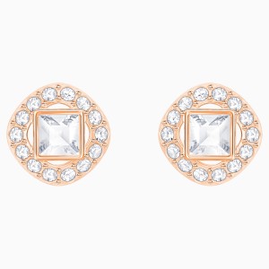 Angelic Square Pierced Earrings, White, Rose-gold tone plated