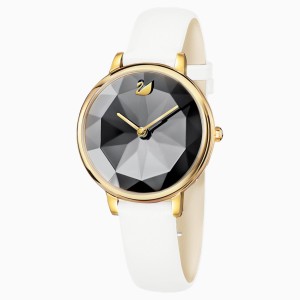Crystal Lake Watch, Leather strap, White, Gold-tone PVD