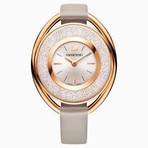 Crystalline Oval Watch, Leather strap, Gray, Rose-gold tone PVD