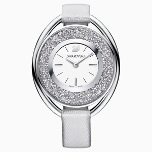 Crystalline Oval Watch, Fabric strap, Gray, Silver tone