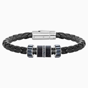 Bransoletka Diagonal, skóra, czarna, stal nierdzewna