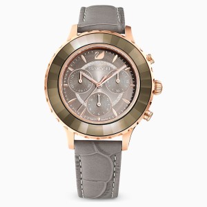 Chronograf Octea Lux, pasek ze skóry, szary, powłoka PVD w odcieniu różowego złota
