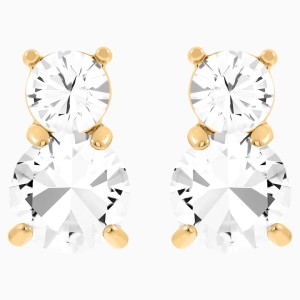 Solitaire Double Pierced Earrings, White, Gold-tone plated