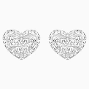 Heart Pierced Earrings, White, Rhodium plated