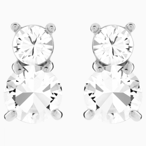 Solitaire Double Pierced Earrings, White, Rhodium plated