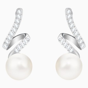 Gabriella Pearl Pierced Earrings, White, Rhodium plated