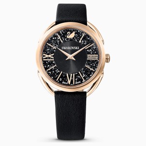 Zegarek Crystalline Glam, pasek ze skóry, czarny, powłoka PVD w odcieniu różowego złota
