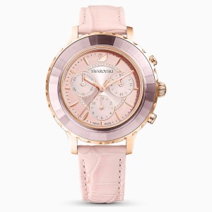 Chronograf Octea Lux, pasek ze skóry, różowy, powłoka PVD w odcieniu różowego złota