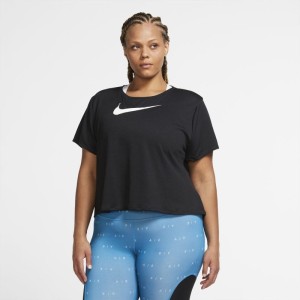 Damska koszulka do biegania z krótkim rękawem Nike Swoosh Run (duże rozmiary) - Czerń