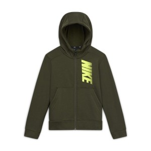 Dzianinowa bluza z kapturem, grafiką i zamkiem na całej długości dla dużych dzieci (chłopców) Nike Dri-FIT - Oliwkowy