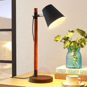 Lampa stołowa Birte, czarna z elementem drewnianym