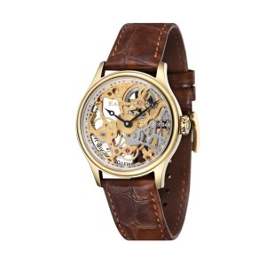Thomas Earnshaw Gent's Bauer Mechanical Skeleton Watch with IP Plated Case and Genuine Leather Strap