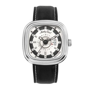 Mathey-Tissot Gent's Square Watch with Dual Time and Genuine Leather Strap