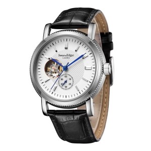 Swan & Edgar Gent's The Big Wheel Automatic Open Heart Watch with Genuine Leather Strap