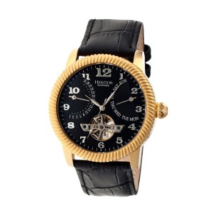 Heritor Gent's Automatic Piccard Watch with Open Heart, IP Plated Case and Genuine Leather Strap
