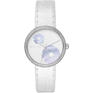 Michael Kors Ladies White Floral Watch with Genuine Leather Strap