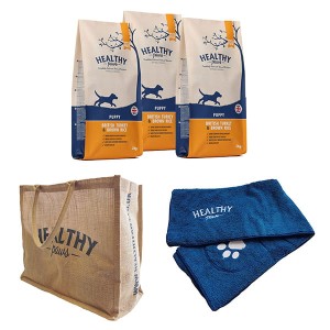 Healthy Paws Puppy Dog Kit - Contains 3 x 2kg Dog Food, Bag, Towel and Feeding Bin