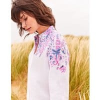 Womens Jeanne Printed Long Line Linen Shirt - WHITE FLORAL BORDER