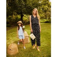 Womens Angela Linen wide leg Cropped Romper - BLACK DAISY