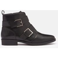 Womens Melbourne Leather Biker Boots with Straps - BLACK