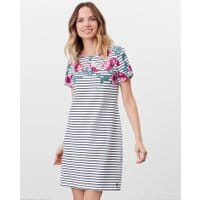 Riviera Printed Dress with Short Sleeves - NAVY CREAM STRIPE