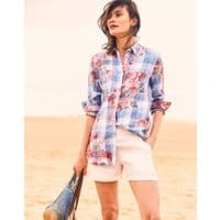Womens Jeanne Print Longline Linen Shirt - BLUE GINGHAM FLORAL