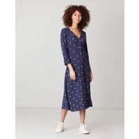 Womens Genevieve V Neck Button Through Dress - NAVY PINK SPOT