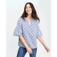 Womens Leya V-Neck Top With Fluted Sleeves - Blue Spot Stripe