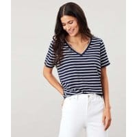 Womens Celina Stripe Drapey V Neck T-Shirt - NAVY CREAM STRIPE