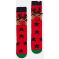 Womens Festive Fluffy Socks - RED XMAS DEER
