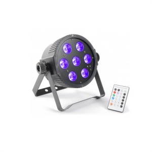 Beamz FlatPAR, 7 x 18 W, 6-v-1 hex color RGBAWUV-LED, DMX IR, vrátane diaľkového ovládania