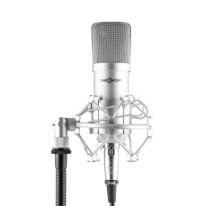 OneConcept Mic-700, štúdiový mikrofón, ? 34 mm, kardioidný, pavúk, ochrana proti vetru, XLR, strieborný