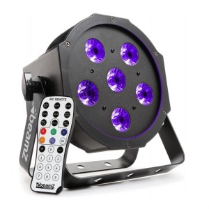 Beamz BFP130 FlatPAR, 6 x 6 W UV LED diódy, DMX, IR diaľkový ovládač