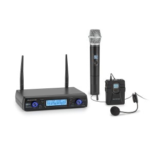 Auna Pro UHF200C-2B, sada 2-kanálových UHF bezdrôtových mikrofónov, prijímač, 2 x vreckový vysielač/headset