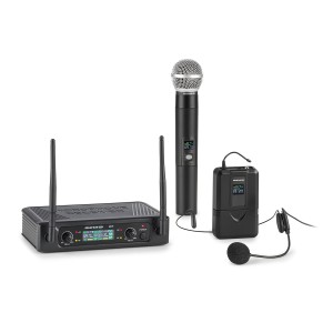 Auna Pro UHF200F-2B, sada 2-kanálových UHF bezdrôtových mikrofónov, prijímač, 2 x vreckový vysielač – headset