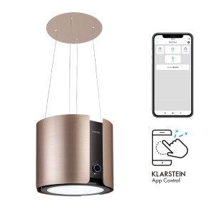 Klarstein Skyfall Smart, ostrovčekový digestor, ? 45 cm, recirkulácia, 402 m?/h, LED, ušľachtilá oceľ, zlatý