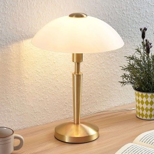 Lampa stołowa Tibby, szklany klosz, mosiężny antyk