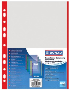 Koszulki na dokumenty DONAU, PP, A4, krystaliczne , 40mikr., kolorowy brzeg - czerwony, 100szt.