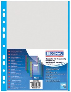 Koszulki na dokumenty DONAU, PP, A4, krystaliczne, 40mikr., kolorowy brzeg - niebieski, 100szt.