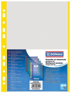 Koszulki na dokumenty DONAU, PP, A4, krystaliczne , 40mikr., kolorowy brzeg - żółty, 100szt.