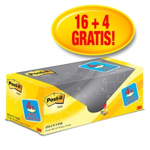 Bloczek samoprzylepny POST-IT® (654CY-VP20), 76x76mm, (16+4)x100 kart., żółte, 4 bloczki GRATIS