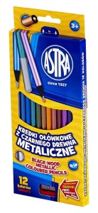 Astra Kredki ołówkowe 12 kolorów z czarnego drewna metaliczne