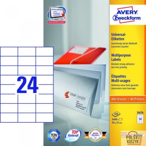 Trwałe Etykiety AVERY ZWECKFORM uniwersalne A4, 100 ark./op., 70 x 37 mm, białe