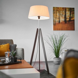 Drewniana lampa stojąca Thea z kloszem, szampański