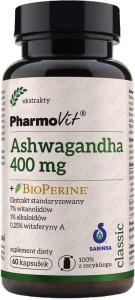 Żeń-szeń indyjski Ashwagandgha 400mg + BioPerine ekstrakt standaryzowany 60 kapsułek PharmoVit