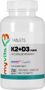 Witamina K2 MK-7 K2MK7 100mcg + D3 z lanoliny 2000IU 250 tabletek MyVita